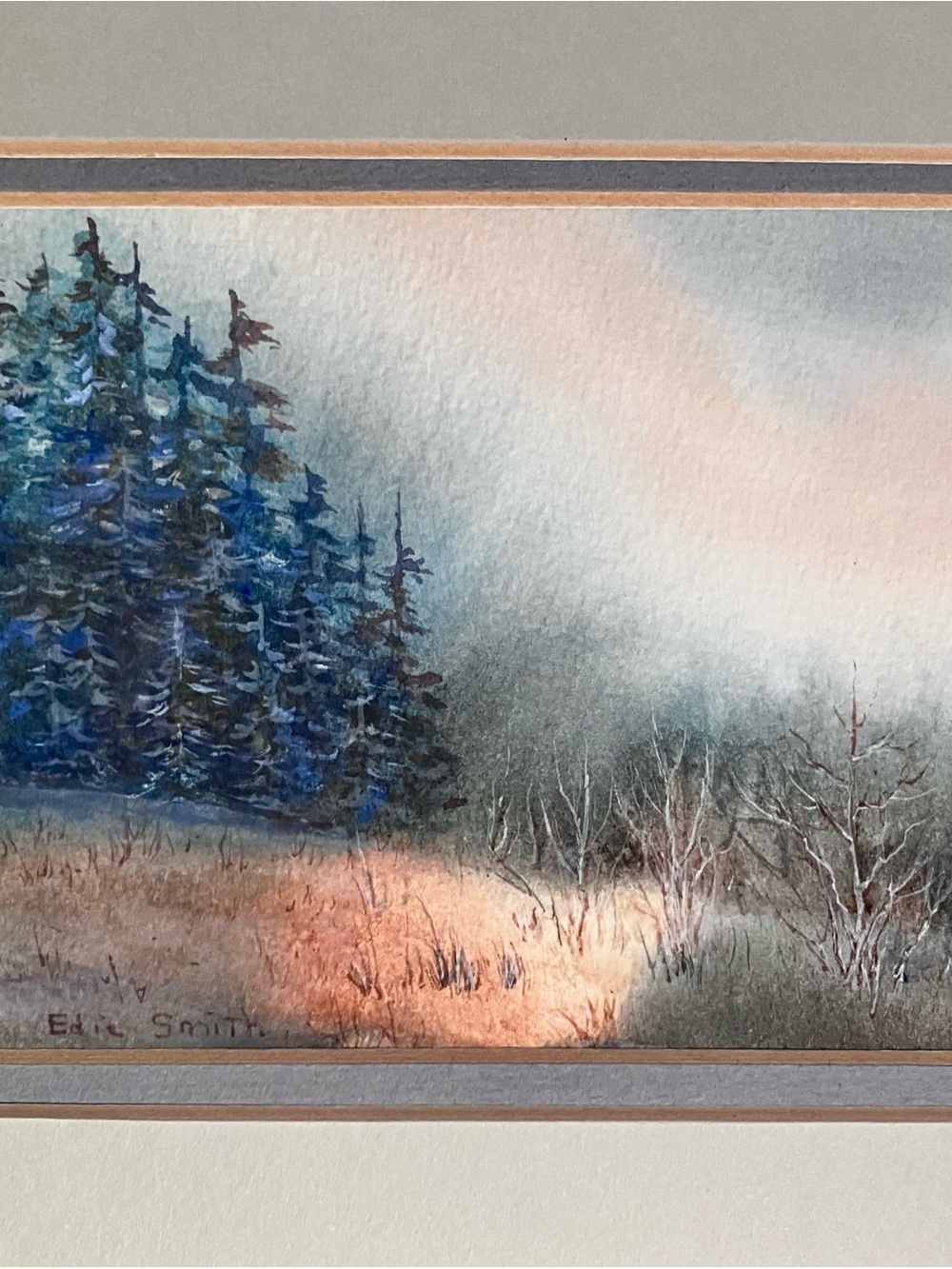 Small WATERCOLOR LANDSCAPE / Signed EDIE SMITH / Double Matted to 8x10 Inches